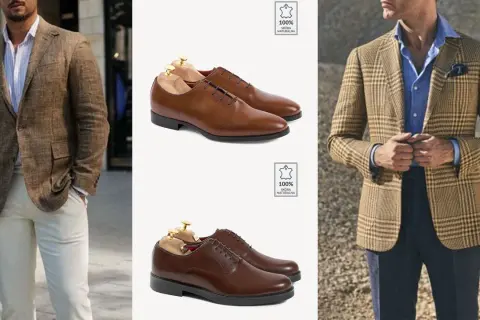 Eleganckie stylizacje na komunię dla mężczyzny: brązowe marynarki, jasne spodnie i skórzane półbuty.