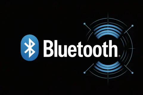 Logo Bluetooth, symbolizujące komunikację bezprzewodową, z nazwą technologii.