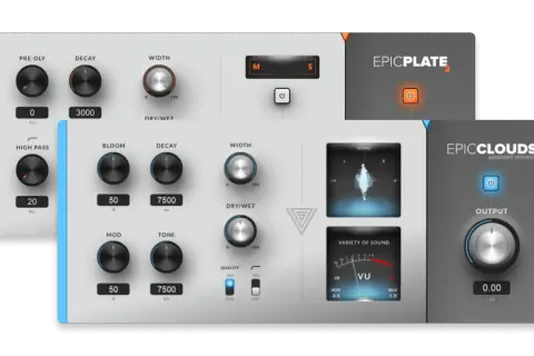 Two audio plugins, EPICPLATE 2 and EPICCLOUDS, showcasing controls for creating rich ambient reverb effects. Discover your next free reverb vst.