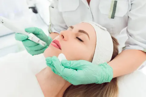 Una esteticista aplica un tratamiento facial con un dispositivo de microagujas, mostrando los beneficios de la mesoterapia para una piel radiante.