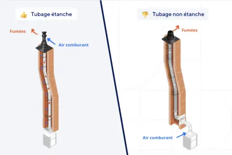 Comparaison de deux systèmes d'évacuation : tubage étanche pour chaudière à condensation (air comburant aspiré, fumées évacuées) vs tubage non étanche.