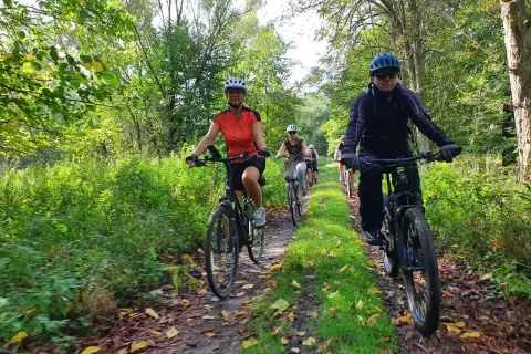 Grupa rowerzystów przemierza malownicze milickie trasy rowerowe wśród zieleni i jesiennych liści.
