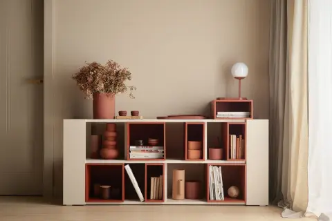 Nowoczesna biblioteczka z elementami w kolorze terakota, wypełniona książkami i dekoracjami.