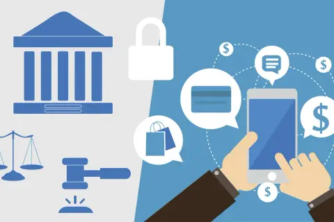 Ilustración de elementos legales y financieros: balanza, mazo, candado, banco, tarjeta de crédito, bolsas de compra y smartphone. Claves para los requisitos legales para abrir una tienda online.