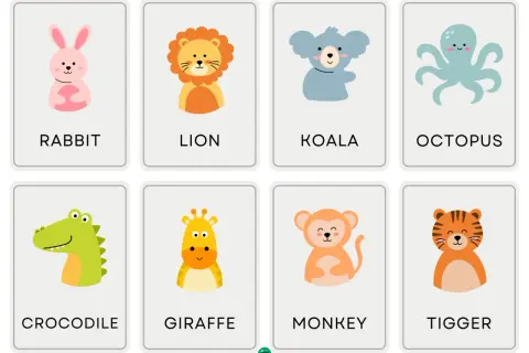Tarjetas educativas con dibujos de animales en inglés: conejo, león, koala, pulpo, cocodrilo, jirafa, mono y tigre.