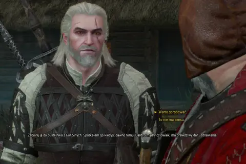 Geralt w zbroi, z mieczami na plecach, rozmawia z kimś w brązowej skórzanej zbroi. Powrót na Krzywuchowe Moczarze?