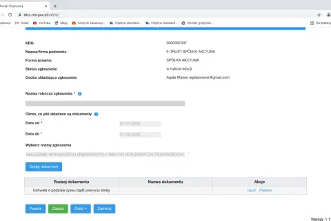 Formularz elektronicznego zgłoszenia do KRS z polami do wpisania danych firmy i dat.