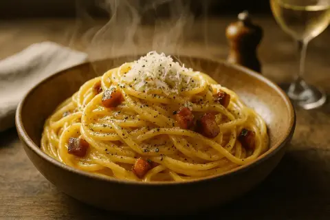 Spaghetti carbonara fumant dans un bol en bois, garni de lardons et de parmesan râpé.