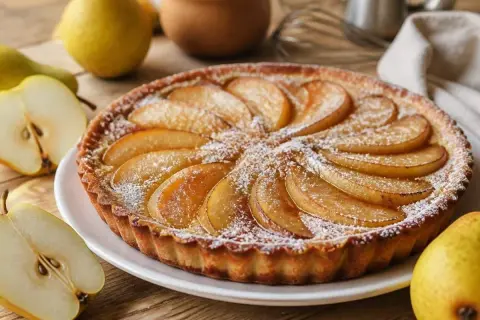 Une délicieuse tarte aux poires, saupoudrée de sucre glace, est présentée sur une assiette blanche. Des poires fraîches sont disposées autour.