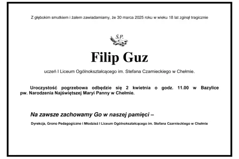 Kondolencje z informacją o pogrzebie Filipa G. ucznia I Liceum Ogólnokształcącego w Chełmie.