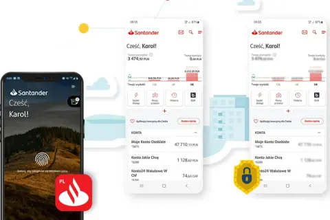 Santander BLIK na telefonie Karola. Widok aplikacji bankowej z saldem, wydatkami i opcją BLIK.