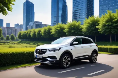 Vit Opel Grandland står parkerad vid en grönskande allé med skyskrapor i bakgrunden. Kanske ett problem med bilen?