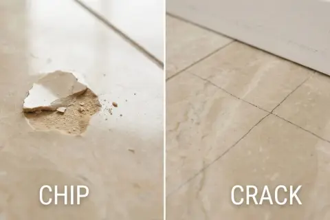 A chipped tile and a cracked tile. Learn how to cut a hole in tile for repairs.