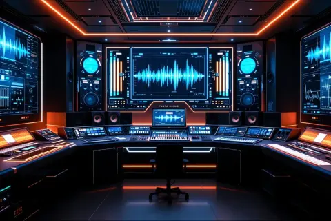 Futuristic ai music studio with glowing screens displaying waveforms and multiple keyboards.