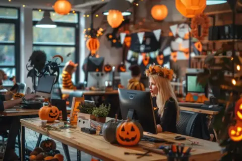 Bureau décoré pour Halloween, citrouilles et guirlandes lumineuses créent une ambiance festive.