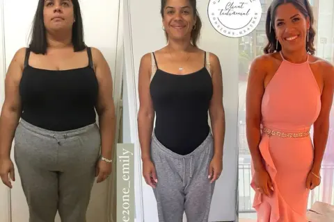 Vorher-nachher-Bilder zeigen eine Frau, die dank One 2 One Diet 50 kg abgenommen hat. Sie strahlt in einem eleganten rosa Kleid.