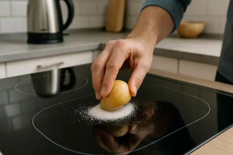 Main d'homme utilisant une pomme de terre et du sel pour nettoyer plaque induction cramée. Astuce de grand-mère pour une cuisine impeccable.