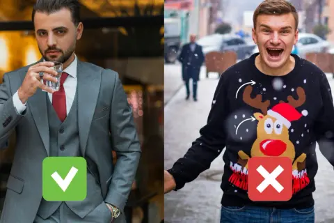 Elegante completo grigio per un Natale da uomo chic, a sinistra il sì, a destra il no con maglione natalizio.