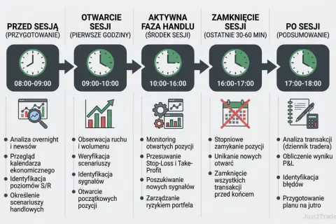 Schemat dnia tradera: przygotowanie (08-09), otwarcie sesji (09-10), aktywna faza handlu (10-16), zamknięcie sesji (16-17), podsumowanie (17-18). Jak zacząć trading? Analizuj, obserwuj, handluj, zamykaj i podsumuj.
