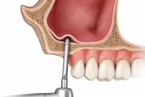 Ilustración de elevación de seno maxilar, mostrando un instrumento dental elevando la membrana sinusal para crear espacio para el injerto óseo.