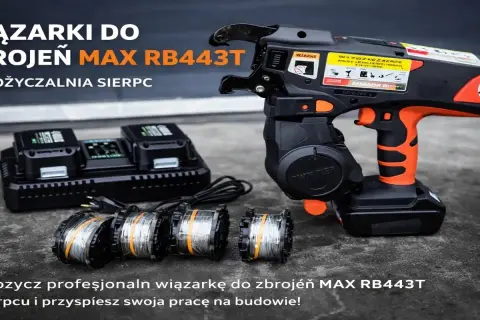 Profesjonalna wiązarka do zbrojeń MAX RB443T z akumulatorami i szpulami drutu.
