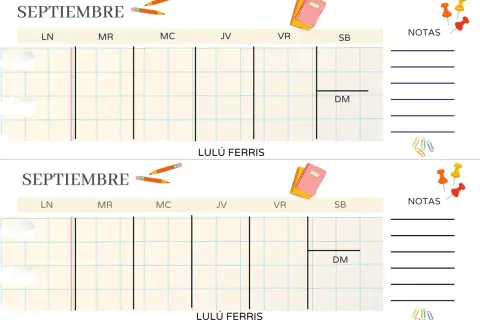 Calendario de septiembre con espacio para notas. Lápices y libretas decoran el diseño.