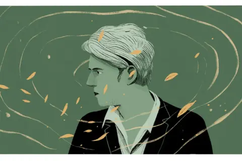 Portrait stylisé d'un homme aux cheveux clairs, évoquant la première soirée Rimbaud. Des volutes dorées et des feuilles flottent autour de lui.