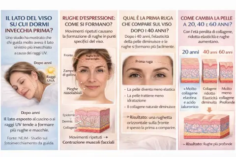 Il lato del viso su cui dormi invecchia prima, formando rughe da sonno. I raggi UVA e i movimenti ripetuti causano rughe d'espressione.