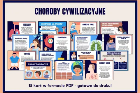 Plakat informuje o chorobach cywilizacyjnych, ich przyczynach i profilaktyce. Przedstawia m.in. choroby serca, cukrzycę, nadciśnienie, otyłość i problemy z układem oddechowym.