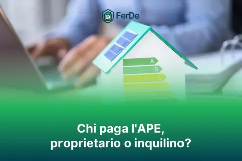 Modello di casa con pannelli solari e scala di efficienza energetica. La domanda chiave: certificato APE, chi lo paga? Proprietario o inquilino?