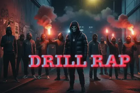 Grupa zamaskowanych osób z flarami, centralnie postać w kapturze z maską czaszki. Napis "DRILL RAP" sugeruje jeden z rodzajów rapu.
