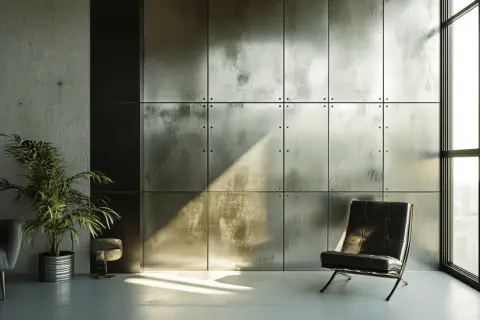Un fauteuil en cuir noir et une plante verte devant un mur de panneaux de métal zinc patiné, éclairé par un rayon de soleil.