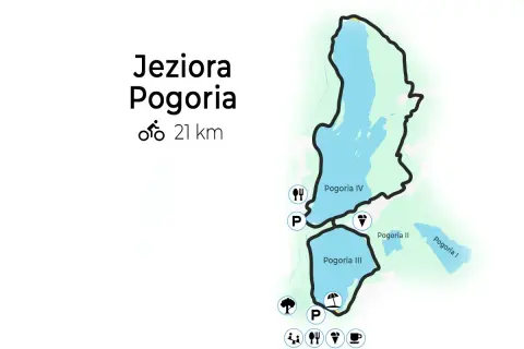 Mapa z trasami rowerowymi wokół Jeziora Pogoria. Długość trasy 21 km.