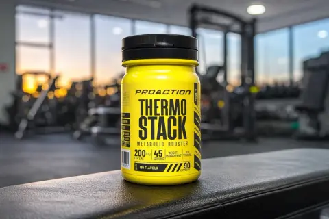 Barattolo giallo di Thermo Stack, un integratore termogenico, in palestra. Quanto tempo da risultati? Dipende dal tuo impegno.