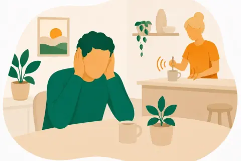 Man med händerna för öronen, plågad av ljud från en kvinna som rör i en mugg. En illustration av misofoni svenska.