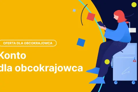 Oferta "Konto dla obcokrajowca bez karty pobytu". Kobieta z telefonem siedzi na walizce.