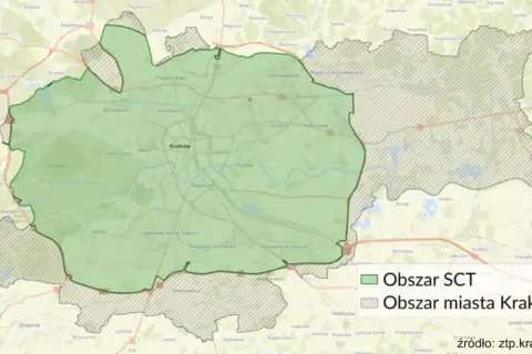 Mapa Krakowa z zaznaczonym obszarem SCT i obszarem miasta, pokazująca zasięg strefy czystego transportu, która ma na celu poprawę norm spalin w Krakowie.