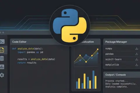 Interface de développement pour le **comment python** avec un éditeur de code, des graphiques et un gestionnaire de paquets.
