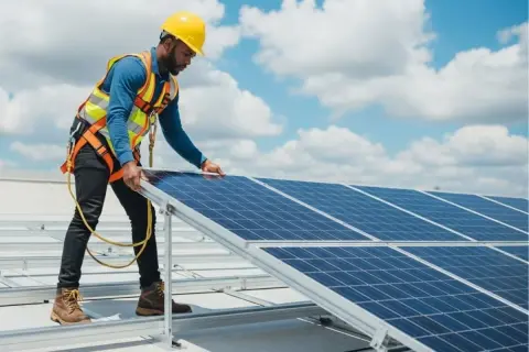 Técnico instala placas solares en casa de campo, asegurando energía limpia bajo un cielo azul con nubes.
