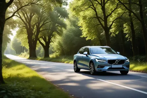 Blå Volvo kör på en solig landsväg. Kanske ett volvo d2 motor problem gör att den stannar snart.