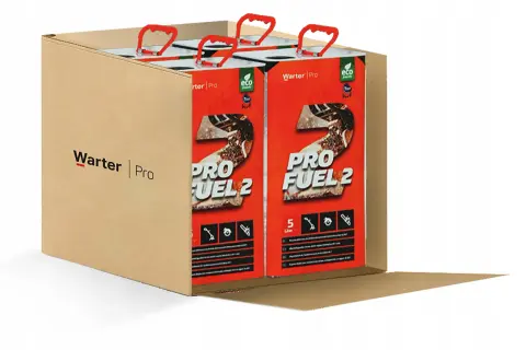 Paliwo do piły spalinowej: jakie paliwo do piły spalinowej 95 czy 98? Karton z 4 kanistrami paliwa Warter Pro Fuel 2.