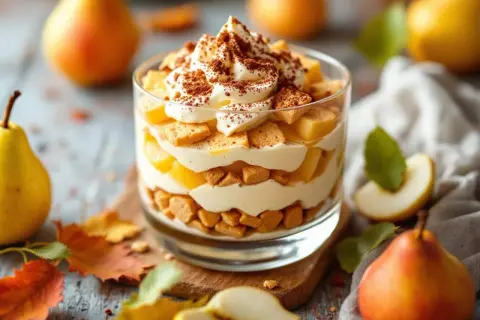 Un délicieux tiramisu poire en verrine, avec des couches de crème, de biscuits et de fruits, saupoudré de cacao.