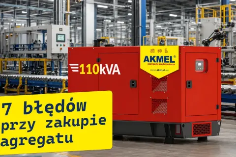 Czerwony agregat prądotwórczy 110kVA marki AKMEL w hali produkcyjnej. Obok żółta tablica z napisem "7 błędów przy zakupie agregatu".