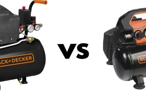 Porównanie: kompresor olejowy czy bezolejowy? Dwa kompresory Black+Decker, jeden z widocznym zbiornikiem i manometrami, drugi bardziej kompaktowy.