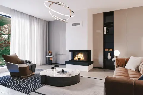 Salon moderne avec cheminée, fauteuil design et canapé en velours. Un insert ufc-que choisir pour un confort optimal.