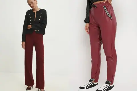 Dwie stylizacje z bordowymi spodniami: eleganckie z marynarką w stylu militarnym i sportowe z czarną kurtką i sneakersami.