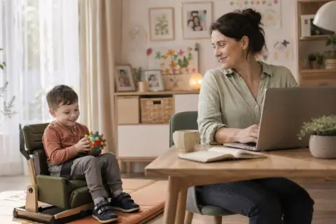 Kobieta pracuje przy laptopie, podczas gdy jej syn bawi się obok. To obraz codzienności, gdzie świadczenie pielęgnacyjne a praca splatają się w jedno.