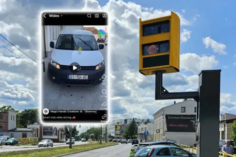 Biały van z tablicą rejestracyjną 01-154-AZ, na którym widać żółty fotoradar. Kierowca próbuje oszukać system, by uniknąć mandatu z fotoradaru.