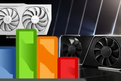 Vergleichsgrafik zeigt Leistungstests von Grafikkarten, darunter eine weiße ZOTAC und schwarze Modelle. Der rtx 3060 12gb test wird durch Balkendiagramme visualisiert.