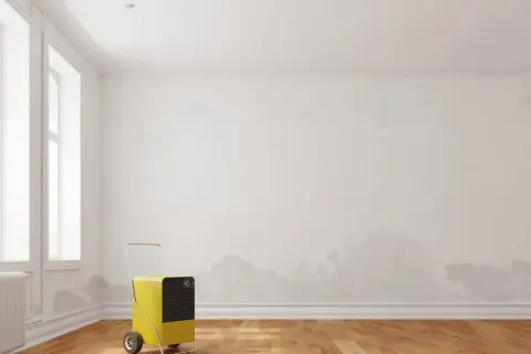 Gelber Luftentfeuchter bekämpft Feuchtigkeit aus Wand ziehen hausmittel. Flecken an der Wand deuten auf Probleme hin.